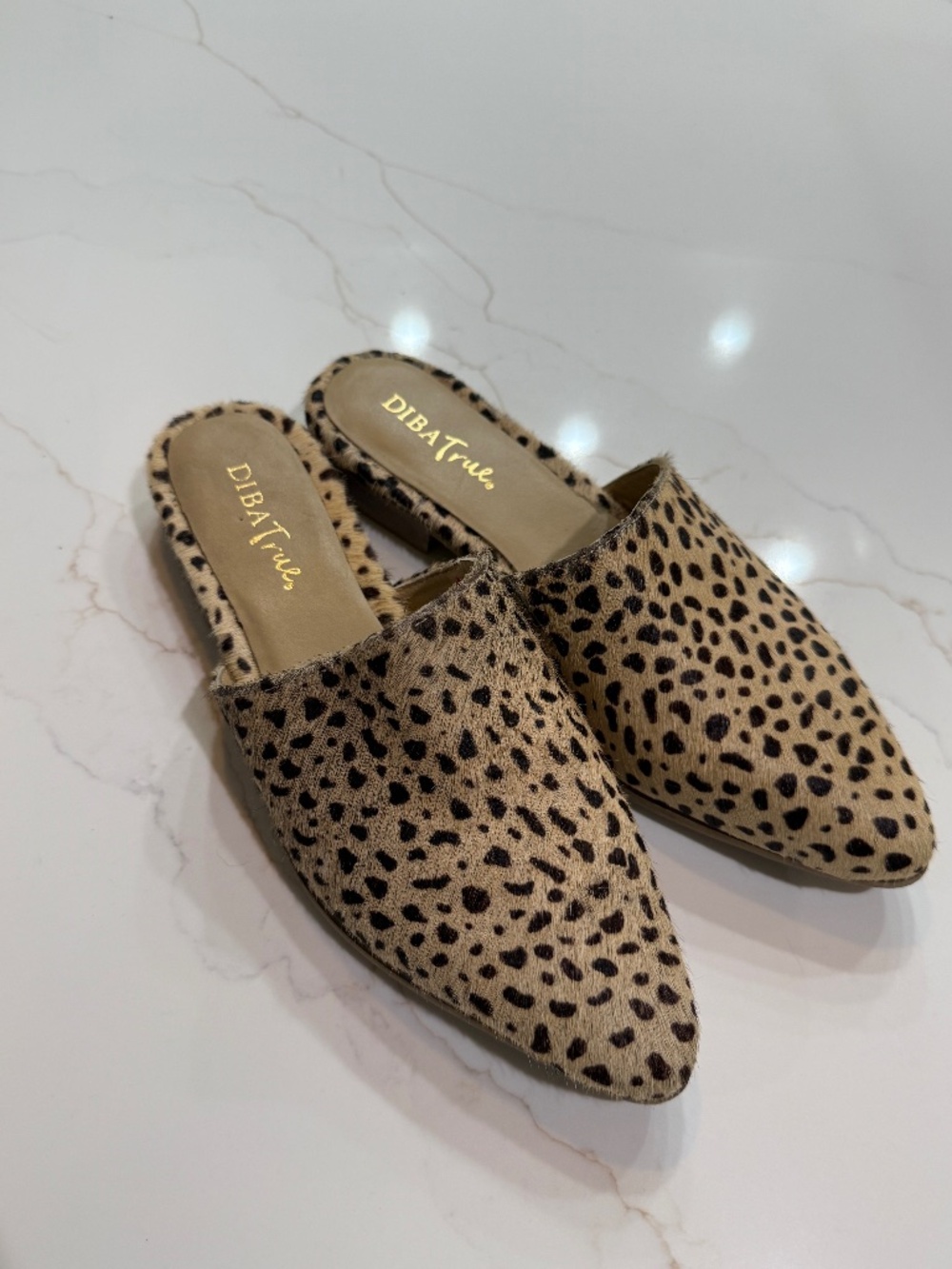 Diba True Genuine Calf Hair Leopard Print Mules- Size 8